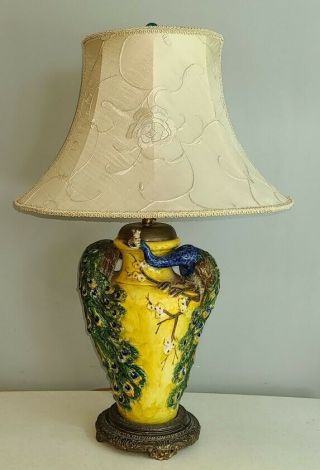 Rare Full Peacocks On Branch Antique Italian Majolica Ceramic Table Lamp 26 1/2 "