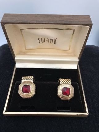 Vintage Swank Dark Ruby Red Gold Tone Octangle Cufflinks