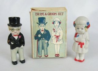 Vintage Painted Bisque Bride & Groom Cake Topper Figurines