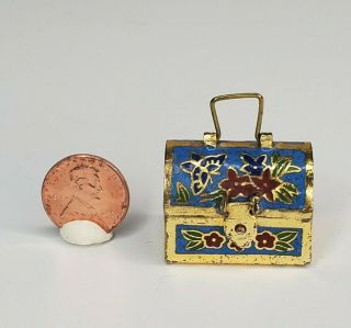 Vtg Floral Cloissone Enamel Brass Trinket Box 1:12 Dollhouse Miniature Purse Bag