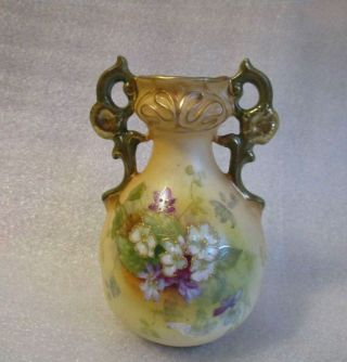 Antique Ernst Wahliss Turn Vienna Signed Art Nouveau Handled Vase Hp Gold Decor