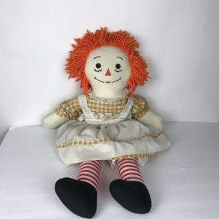 Vintage Handmade Raggedy Ann Toy Doll 25 Inch Orange Hair Yellow Check Dress