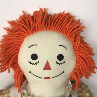 Vintage Handmade Raggedy Ann Toy Doll 25 inch Orange Hair Yellow Check Dress 2