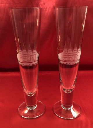Set Of 2 Etched Nautical Clipper Ship 10 " Crystal Pilsner Parfeit Glasses