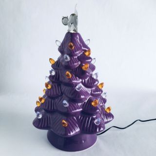 Rare Mr.  Christmas Brand Halloween Tree Ceramic Lights Purple Black Cat Top 13”