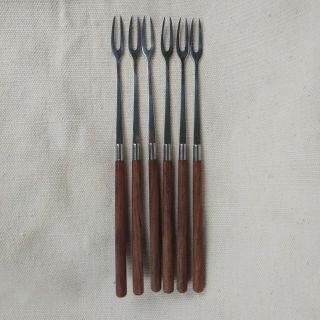 Vintage Fondue Forks Set Of 6 Stainless Steel With Wood Handles Mcm