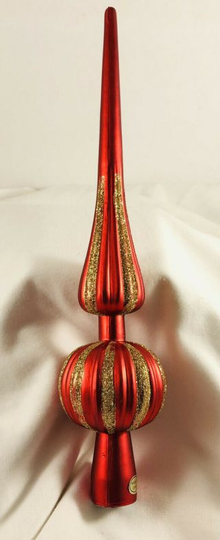 Vintage Hard Plastic Red And Gold Glitter Christmas Tree Topper 12 "