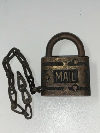 Old Vintage Antique Ornate Rfd Mail Brass Padlock Lock & Chain,  No Key