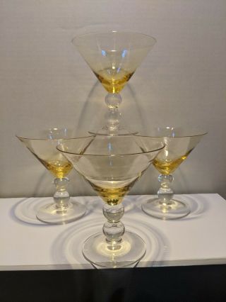 Vintage Barware Ball Stem Hand Blown Martini Glasses Rare Yellow Set Of 4