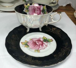 L&m Royal Halsey Very Fine Black Gold Leaf Pink Rose 3 - Footed Rose Cup & Saucer