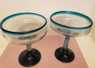 Margarita Glasses Blue Rim And Bottom Set Of 2 Hand Blown Thick Clear Glass Rare