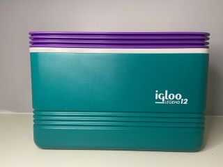 Vintage Igloo Legend 12 Cooler Ice Chest Fliptop Frat Turquoise & Purple Rare