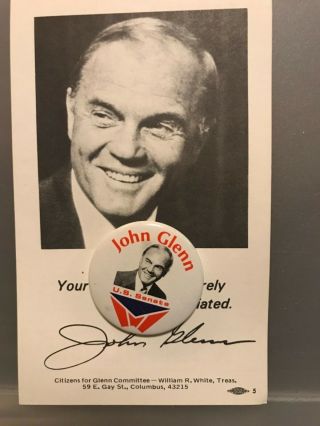 Rare Vintage John Glenn For Us Senate Pin And Postcard Set Ohio