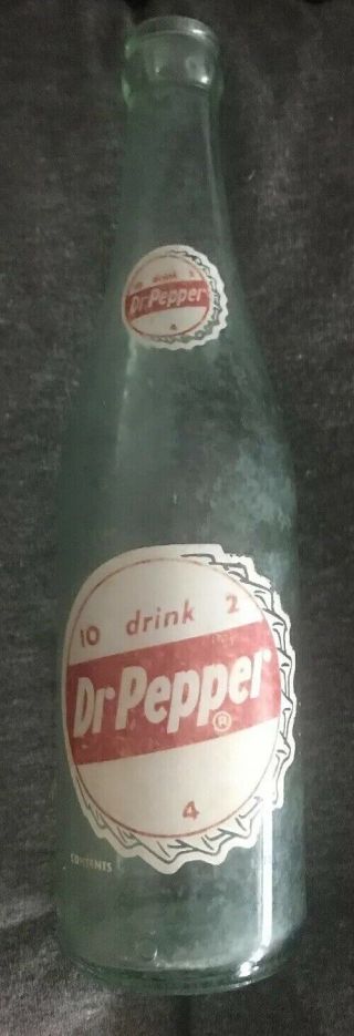 Rare 1950s Dr Pepper " Bottle Cap " Acl 10oz Bottle.  Blue Green Glass Duraglass