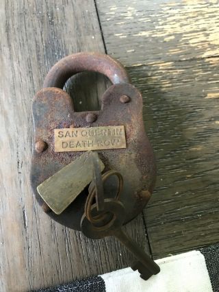 Antique San Quentin Death Row Shackle Lock W/ 2 Keys Iron W/ Brass Slide Plate
