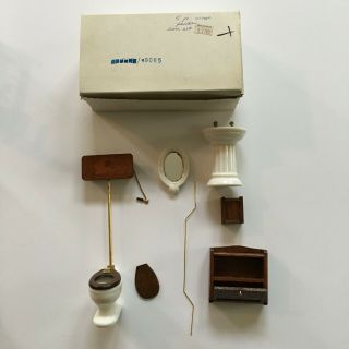 Vintage Dollhouse Miniature Bathroom Set White Porcelain And Wood 5 Pc