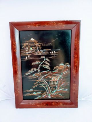 Rare Vintage Asian Black Lacquer & Mother Of Pearl Wall Art / Picture