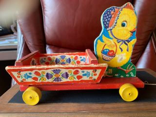 Antique/ Vintage Fisher Price 400 Mother Hen With Cart Pull Toy