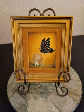Vintage Framed Butterfly And Mushroom Painting Signed 6 5/8 " X 7 5/8 " Frame