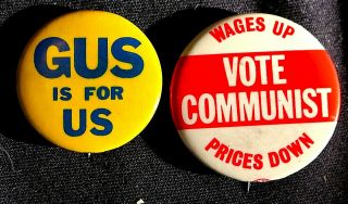 2 Vote Communist & Gus Hall President Buttons 1976 - Pinbacks Rare
