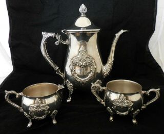 Vintage Leonard Ornate Silver Plate 3 Piece Coffee Tea Set Teapot Sugar Creamer