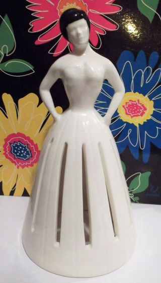 Rare Vintage Ceramic Lady In Gown Napkin Holder Black Hair White Dress