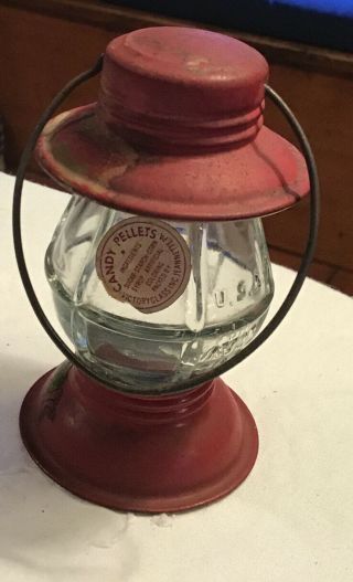 Antique Glass Candy Container Railroad Lantern Christmas Red Atlantic City Tag