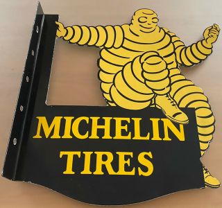 Vintage Michelin Tires Porcelain Flange Sign Gas Station Motor Oil Bibendum Rare