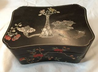 Vintage Antique Lacquered Oriental Japanese Chinese Box.  Black Carved Painted