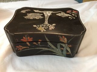 Vintage Antique Lacquered Oriental Japanese Chinese Box.  Black Carved Painted 3