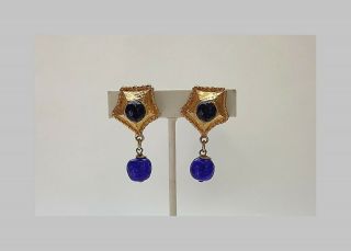 Vintage Dominique Aurientis Cobalt Blue Poured Glass Earrings Large Rare Clip On