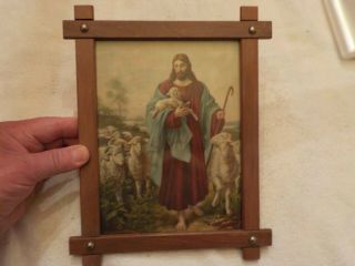 Jesus The Shepherd With Baby Lambs Religious Wall Picture Wooden Frame Antique