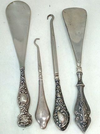 4 X Antique Silver Handled Shoe Horns And Button Hooks Incl.  Chester Hallmarks