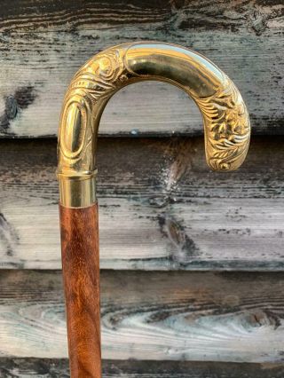Victorian Style Walking Stick Curved Handle On Brown Solid Wood Shaft 37 Inches✅