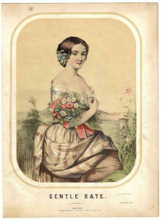 Rare Antique Sheet Music Gentle Kate 1850 Benkert Hand - Colored Sarony Lithograph