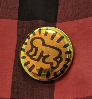 Rare Keith Haring Gold Radiant Baby Button Pin Pinback Pop Shop York 1988