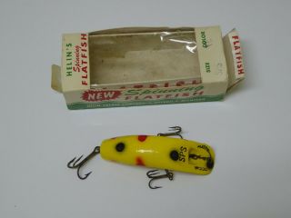 Vintage Helin Flatfish Wood Fishing Lure With Box,  Sps,  Yellow,  Xlnt