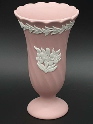 Rare Vintage Wedgwood Small Pink Jasperware Swirl Footed Vase Two Flower Motifs