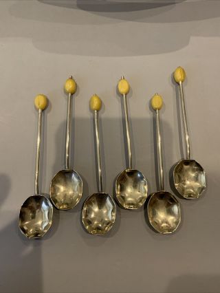Vintage Set Of 6 Silver Epns Art Deco Coffee Bean Spoons Yellow
