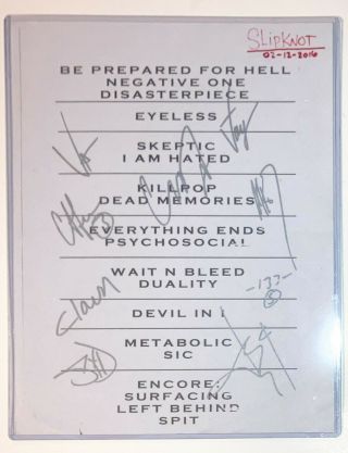 Slipknot Real Hand Signed England 2016 Concert Setlist By All 9 Members Rare