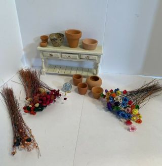 Vintage Hand Dyed Dried Flowers & Pots For Diy Dollhouse Miniature Crafts 1:12