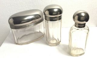 Antique Silver Plated Topped Perfume Bottle Pot Cut Glass Jar Set Of 3