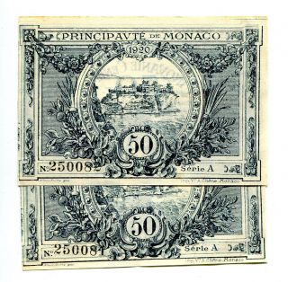 Monaco 50 Centimes 1920 - 2 Consecutives Aunc / Unc - Rare