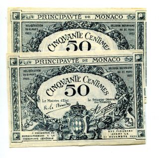 Monaco 50 Centimes 1920 - 2 Consecutives aUNC / UNC - RARE 2