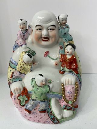 Rare 13 " Chinese Porcelain Happy Buddha With 5 Children Babies Statue Open Mouth