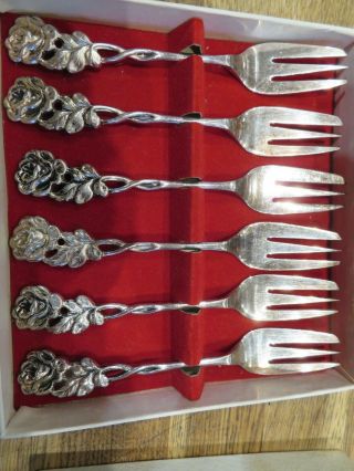 Vintage Boxed Set Of Silver Plated Cake Forks Rose Handle