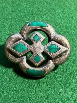 Antique Victorian Sterling Silver And Green Agate Stone Brooch,  Missing Pin