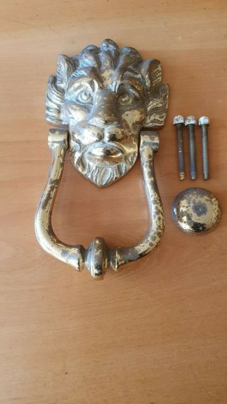 Large Vintage Solid Brass Lion Head Door Knocker Complete With 3 Screws & Metal.