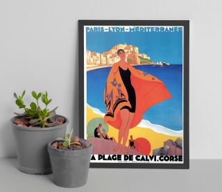 Vintage Retro France Travel Poster,  La Plage De Calvi,  Corse.  1928 Travel Print,  T