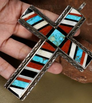 Vtg Rare Old Pawn Zuni Navajo Sterling Turquoise Coral Cross Flush Inlay Pendant